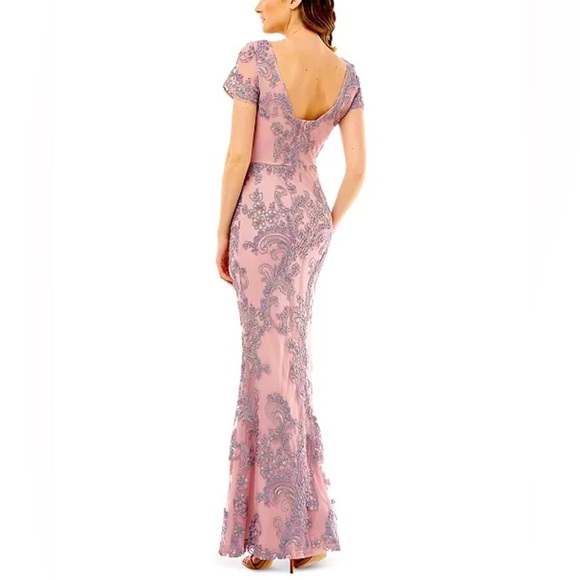 JS Collections Pink and Silver Embroidered Floral Lace Short Sleeve A-line Gown - Picture 4 of 12